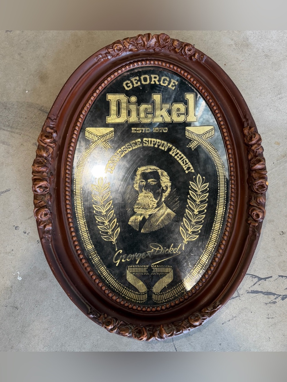 Vintage George Dickel Reverse Painted Wood Frame Whiskey Sign Tavern Mirror Oval